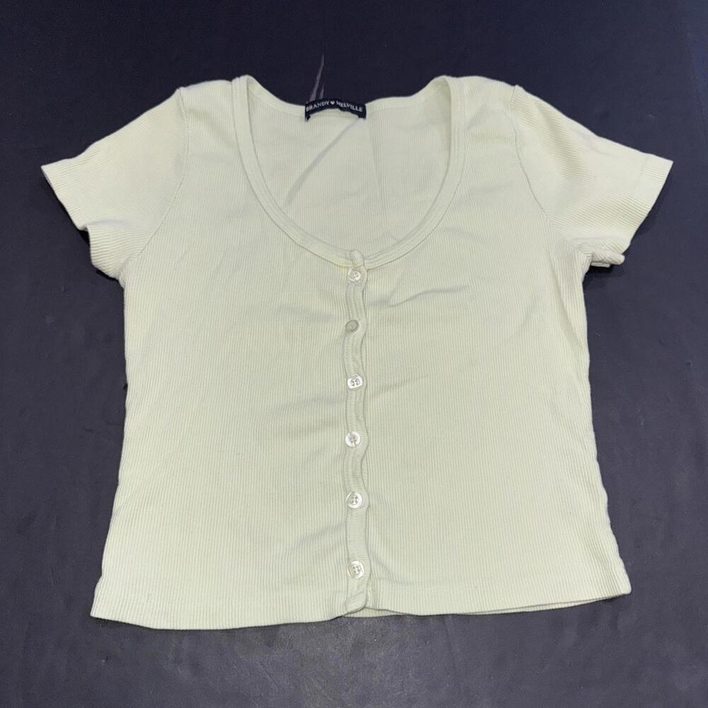 Brandi Melville Green Minimalist Full Button Cotton Crop Short Sleeve Top 0